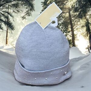 NWT New Michael Kors Grey Knit w/Silver Grommets & Logo Hat/Beanie OS Winter